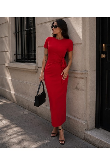 Kadın Bisiklet Yaka Kısa Kol Yandan Bağlama Detaylı Yırtmaçlı Bodycon Midi Elbise