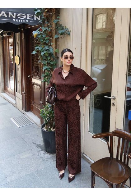 Jacquard Wide Leg Two-Piece Set - Bitter Brown Bitter Brown