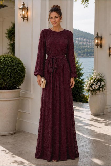 KADIN BORDO KUŞAKLI SİMLİ ABİYE ELBİSE T 1464