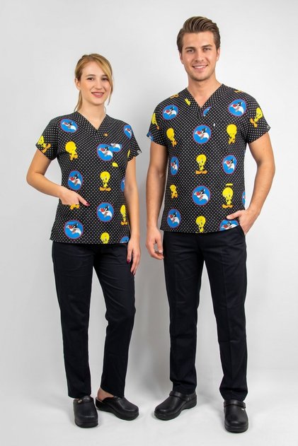 Unisex Lycra Tweety Patterned Surgical Uniform Set Nurse Doctor Scrubs Medical Uniform