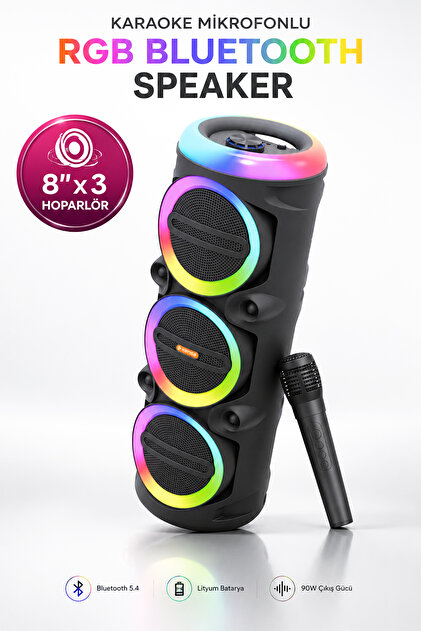 Kensa Taşınabilir Mikrofonlu 90W LED Işıklı Bluetooth Karaoke