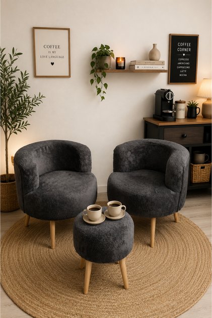 Çay Seti Ikili Koltuk Berjer Ve Puf Takımı Antrasit teddy (SALON, BALKON, OFİS) 3 Lü Takım