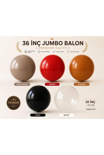 36 İnç Büyük Boy Balon Premium Renk Seçenekli Sütlü Kahve Karamel Kırmızı Siyah Şeffaf