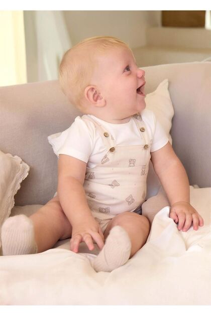 Baby Teddy Bear Printed T-Shirt Short Jumpsuit Set Beige 1621