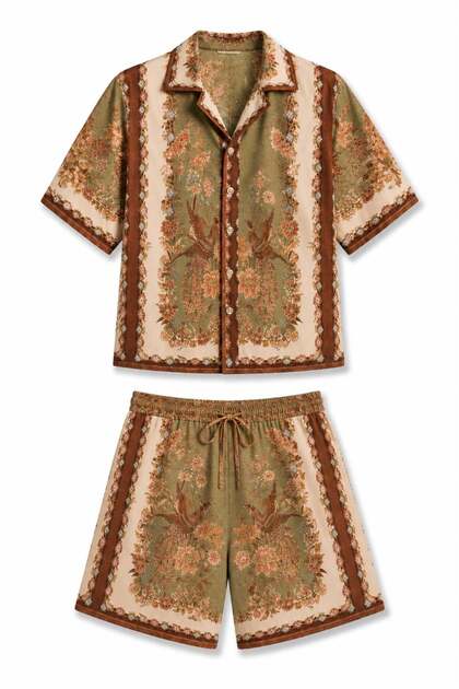 Green Patterned Shirt Shorts Set