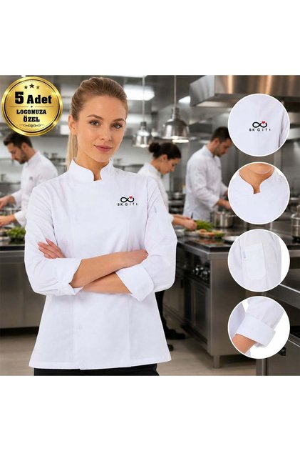 5 White Women's Chef Jackets with Your Logo - Gabardine Fabric Professional Chef Jacket