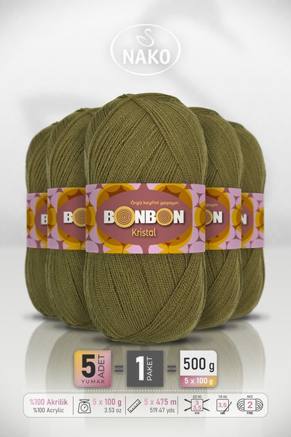 Crystal • Khaki (98687) - 5-Pack X 100Gr/475M - Fine Yarn Hand Knitting Thread - Shawl Blouse Yarn