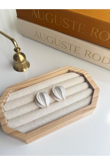 Matte White Leaf Patterned Textured Oval Stud Earrings Women's Gift