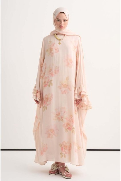 Fleur Floş Fırfır Detaylı Kaftan Pudra