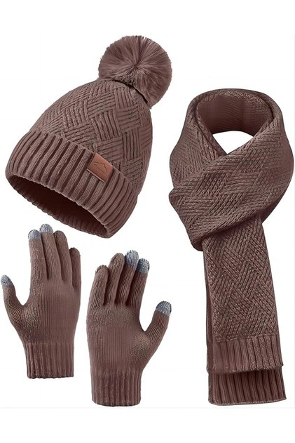 3-Piece Set,Women Beanie Hat,Scarf,Touch Screen Gloves,Winter Warm,Chenille,Fleece Lined,Ear Warmer,Knit,Khaki