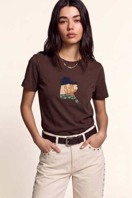 Dog Embroidered T-Shirt Brown