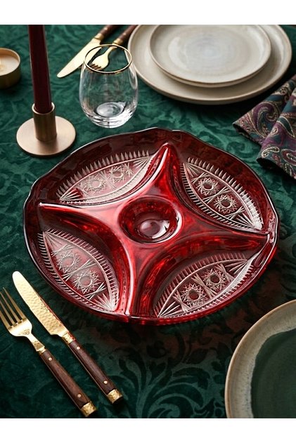 Premium Handmade Cut Crystal 4-Compartment Presentation Plate Snack Plate Mezelik 29 cm