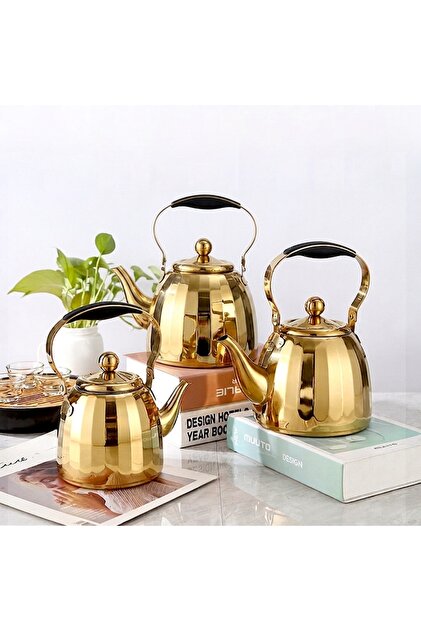 Gold Lüx 3'lü Paslanmaz Çelik Çaydanlık Seti (1.0L - 1.5L - 2.0L) - Altın Renkli Isıya Dayanıklı Çaydanlık