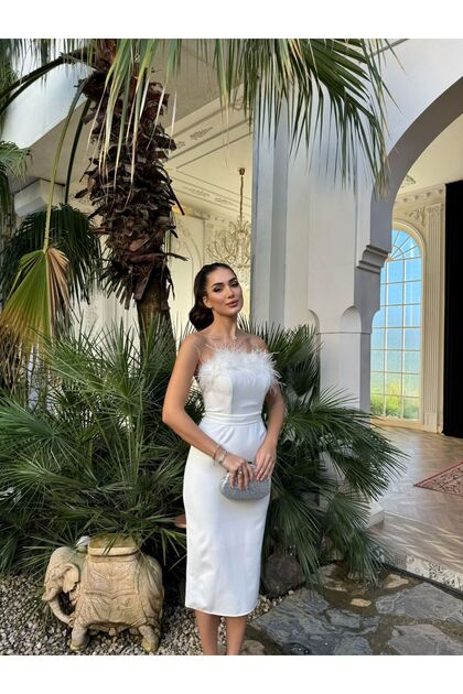 Otriş Detay Straplez Midi Nikah - Bride Abiye Elbise
