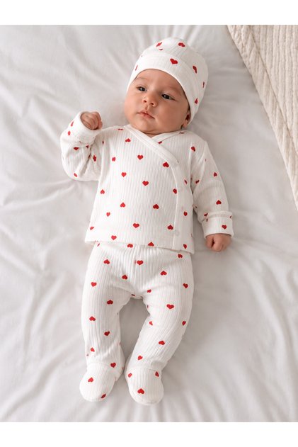 Baby Girl Heart Patterned Hat Set, Newborn Hospital Release, Baby Hat Top and Bottom Set