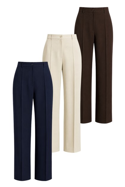 Women's High Waist Wide Leg Palazzo Trousers with Ribbed Front Stitching, Set of 3 (Brown, Beige, Navy Blue)