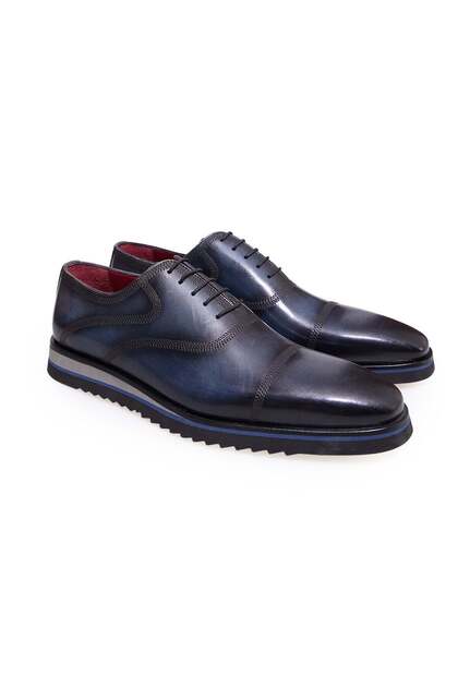 Dark Blue Color Lace-Up Genuine Leather Men's Shoes