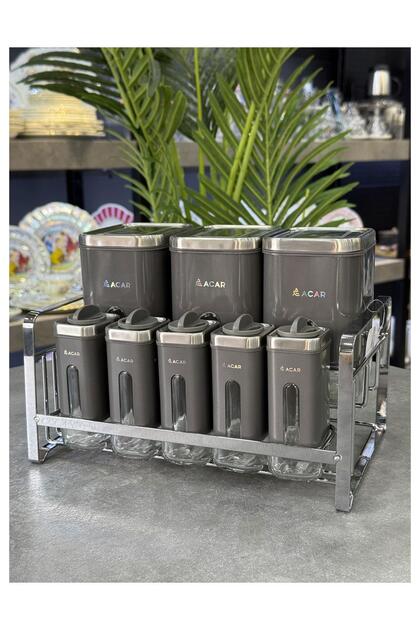 doğudeko Rex Koleksiyon 9 Parça Metal Cam Standlı Baharat Takımı