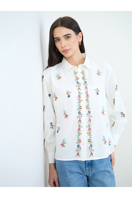 Off White Embroidered Cotton Shirt