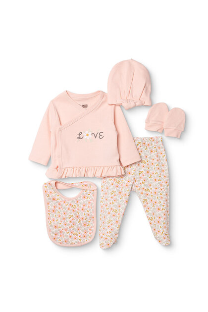 HelloBaby Kız Bebek 5li Hastane Çıkışı Çiçek Baskılı Çıtçıtlı Zarf Yaka Long Sleeve Patikli