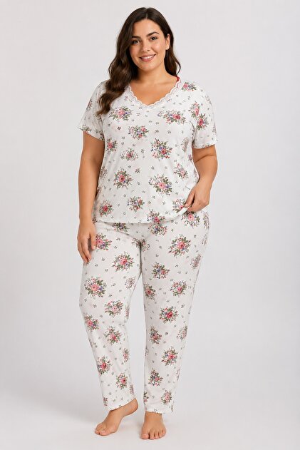 Mother's Pajama Set, V-Neck, Lace, Short Sleeve, 100% Cotton, Without Pockets, Pink Floral Pattern