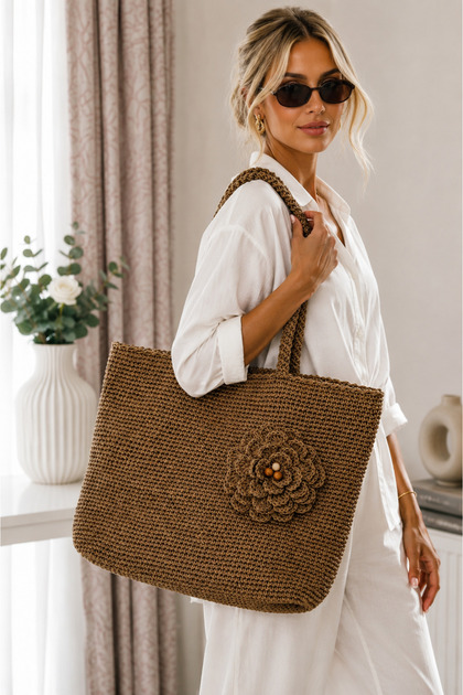 Velora Floral Appliqued Paper String Shoulder Bag Large Size
