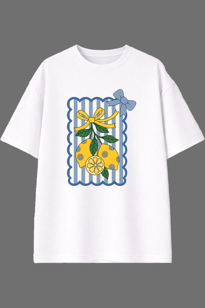 Striped Lemon Design Front Printed White Oversize T-Shirt