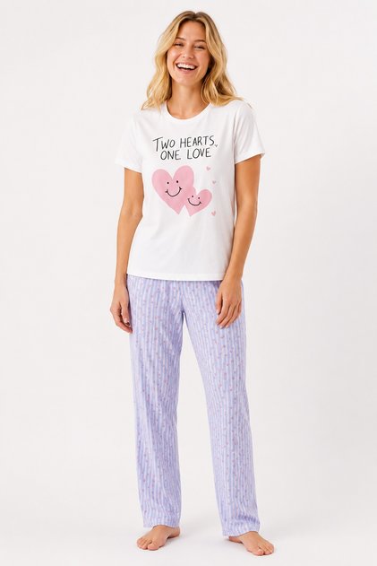 Women's Pajama Set, 100% Cotton, Crew Neck, Short Sleeve, Love Print, Ecru & Blue