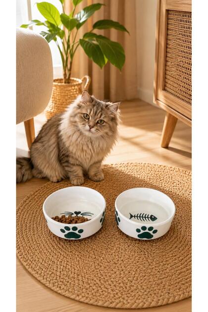 2 Adet Yüksek Kalite (12.5 CM, 400 ML) Seramik Kedi Ve Köpek Mama Su Kabı