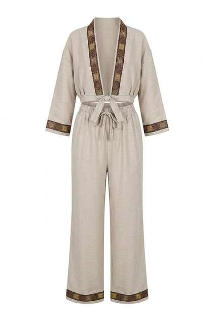 Ethnic Patterned Striped Suit Ecru