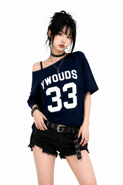 Women's Y2K Navy Blue Boat Neck Printed 100% Cotton Oversize T-Shirt