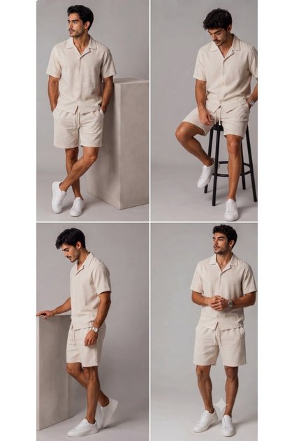 Men's Linen Shirt and Shorts Set - Summer Short Sleeve Two-Piece Combination for Beach and Casual Wear with Shorts