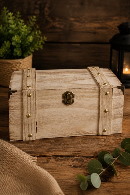 Cufăr Decorativ din Lemn cu Închidere Metalică, Cutie pentru Depozitare și Organizare, Aspect Vintage, 26x16,5x11 cm