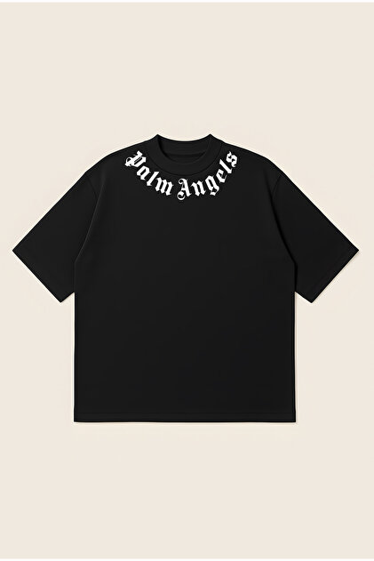 Palm Angels Neck White Logo Printed Oversize Boxy Cut Unisex 100% Cotton Tshirt | Streetwear