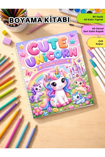 Cute Unicorn Boyama Kitabı – 24x20 cm I 40 Görsel I Çocuklar ve Yetişkinler İçin
