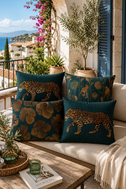Petrol Blue Leopard Patterned Decorative Throw Pillow Cover 4-Piece Combination Modern Living Room and Balcony Pillow Set (Double-Sided)