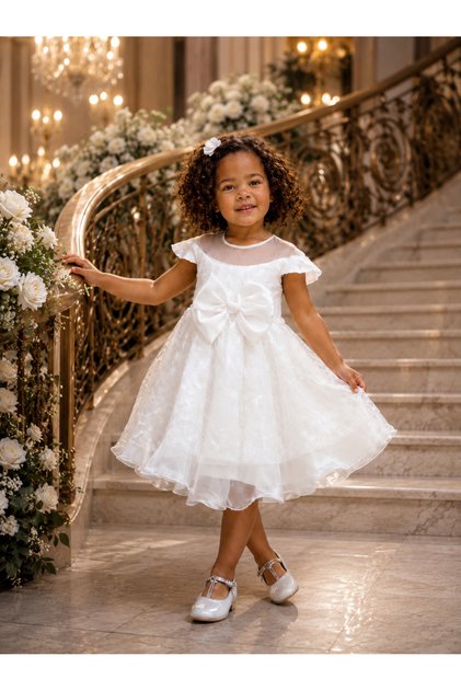 Girl's White Color Dress with Ribbon
