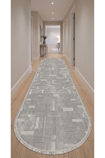 Vista %100 Akrilik Gri Geometrik Desenli Oval Elips Kesme Halı Yolluk Antre Koridor Halısı 79297-95