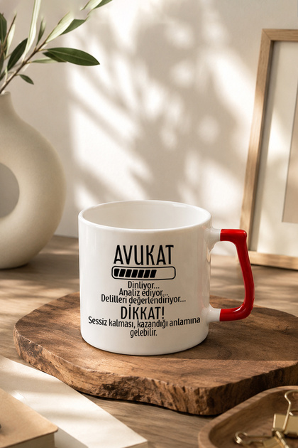 Avukat Analiz Modu Tasarımlı Hukuk Temalı Eğlenceli Hediyelik Kırmızı Kulplu Kupa Bardak