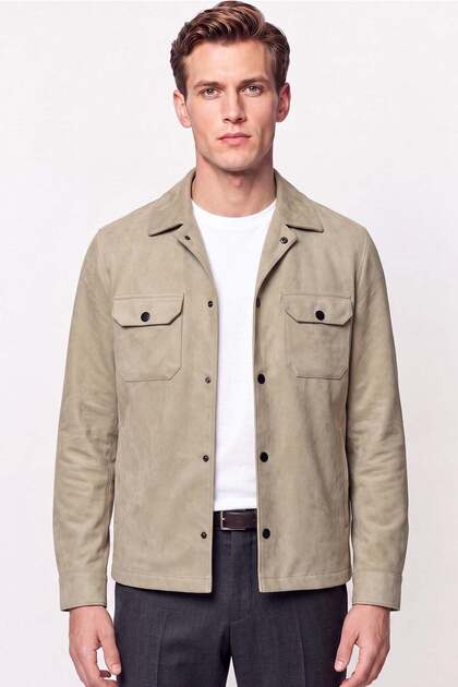 Comfort Fit Cotton Side Pocket Snap Fastener Shirt Model Beige Coat Mt 181