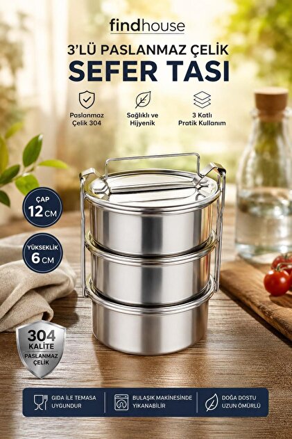 abnturk 15x6cm 3 Kap Isıtılabilir Sefer Tası 4-5 Kişilik Paslanmaz