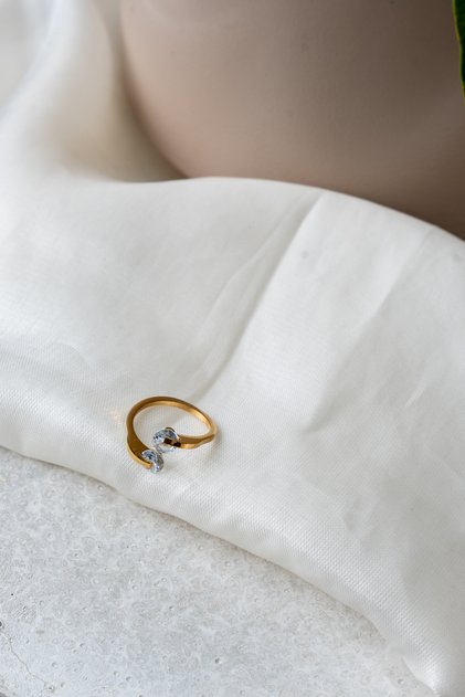 Gold Color Steel Double Zircon Stone Adjustable Stylish Women's Ring