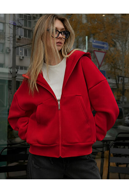 MARECASH Unisex Kapüşonlu Kırmızı Oversize Hırka Zip 2 Iplik Orta