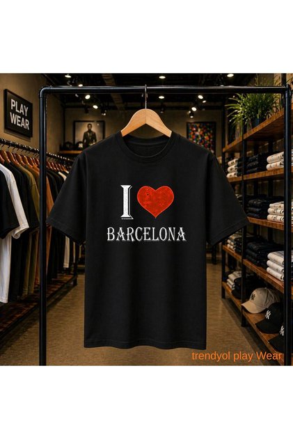I Love Barcelona Printed 100% Cotton Oversize Loose Regular Fit Crew Neck T-Shirt