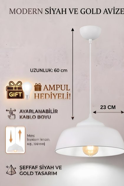 Modern Beyaz Avize Sarkıt Lamba 60 cm Ayarlanabilir Kablo Boyu Rustik Ampul Hediyeli PoliCarbonat Gövde Mutfak Salon Aydınlatma