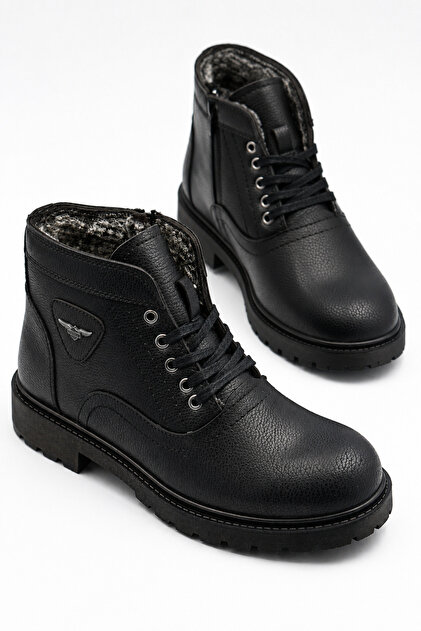Men's Black Fur-Lined Winter Boots Waterproof Non-Slip Sole Comfortable Outdoor Boots