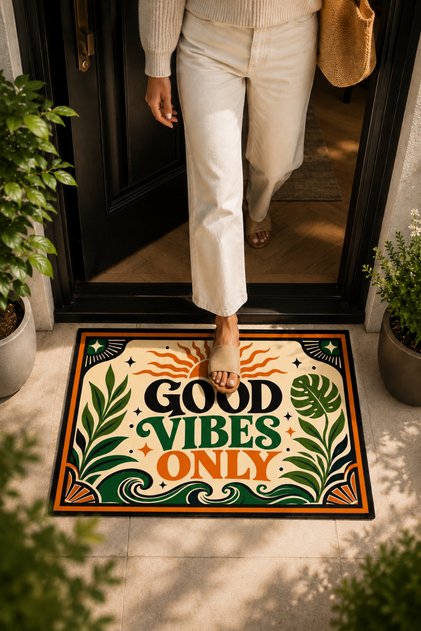 Good Vibes Only Retro Patterned Door Mat 70X45 cm Digital Printing Non-Slip Base