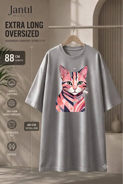 Crew Neck Colorful Geometric Cat Figured Extra Long Oversize Tunic T-Shirt Short Sleeve