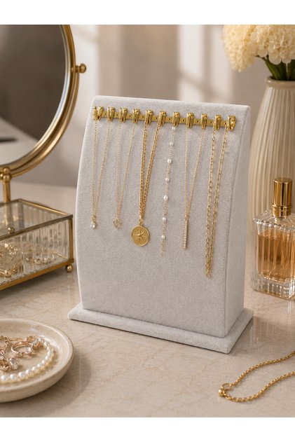 Suede Multiple Necklace Stand – Gold Color Hanger for Necklaces and Organizer in Gray