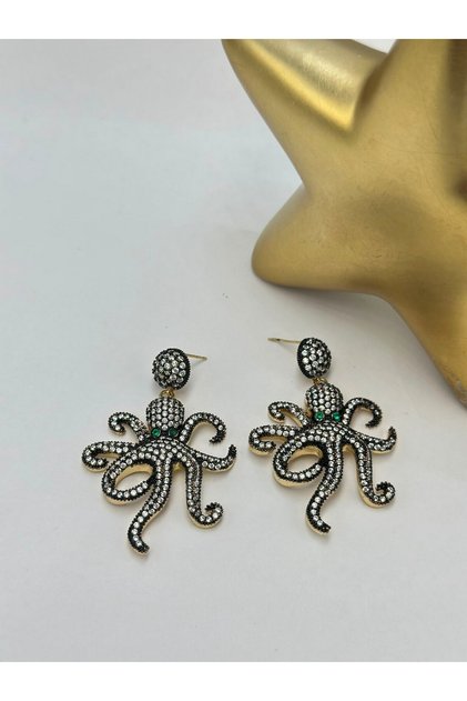 Zircon Stone Black Octopus Earrings (Steel)